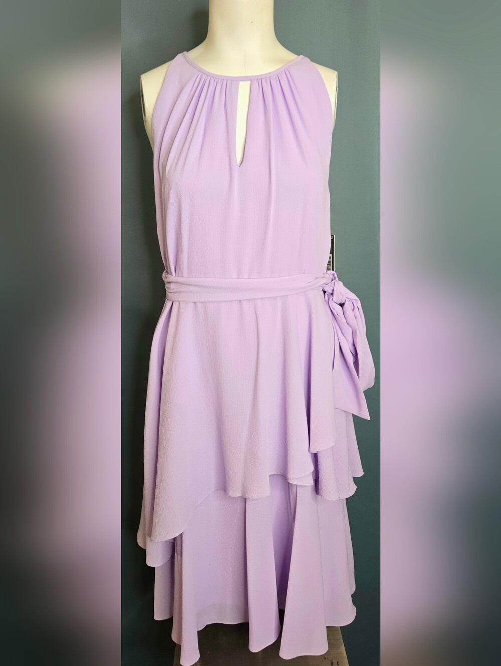Tahari Lavender Lilac Ruffle Belted Keyhole Wedding Guest Dress 6 NWT